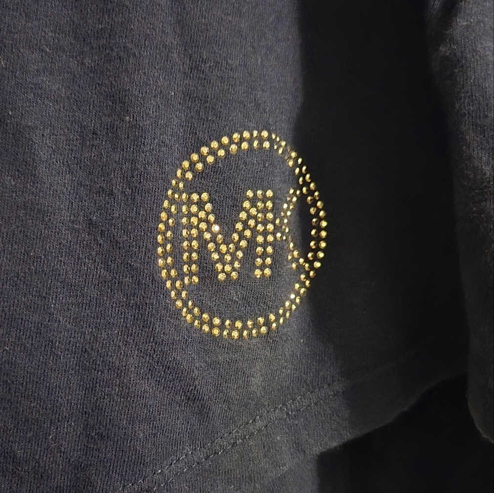 Michael Kors Womens T-Shirt With Gold Zipper On Back, MK Rhinestone Logo, XL - Picture 2 of 8